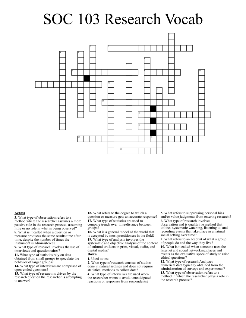 SOC 103 Research Vocab Crossword