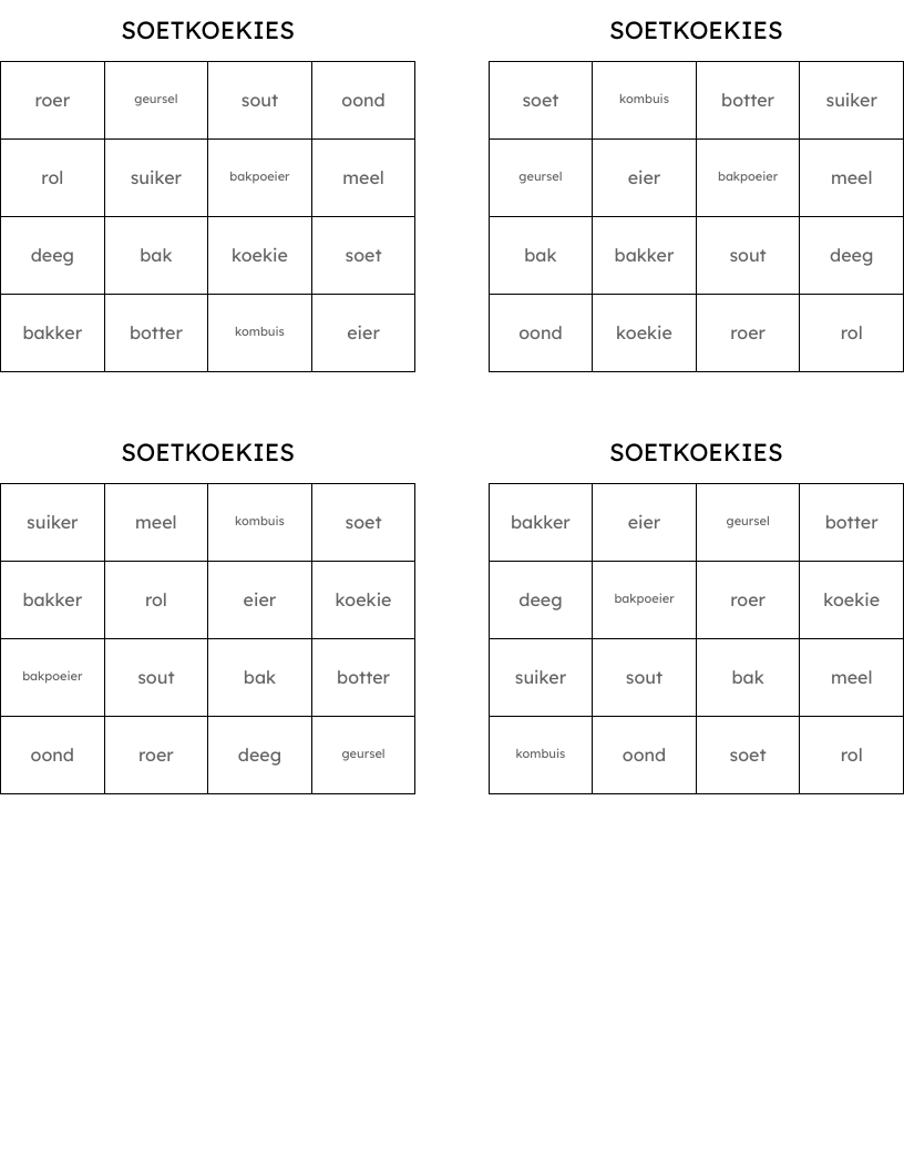 SOETKOEKIES Bingo Cards