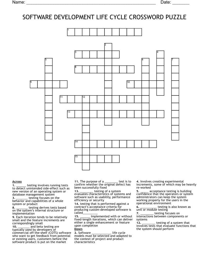 SOFTWARE DEVELOPMENT LIFE CYCLE CROSSWORD PUZZLE 