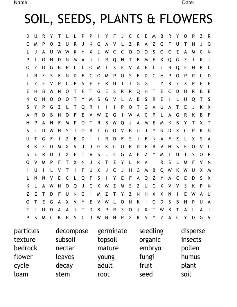 SOIL, SEEDS, PLANTS & FLOWERS Word Search