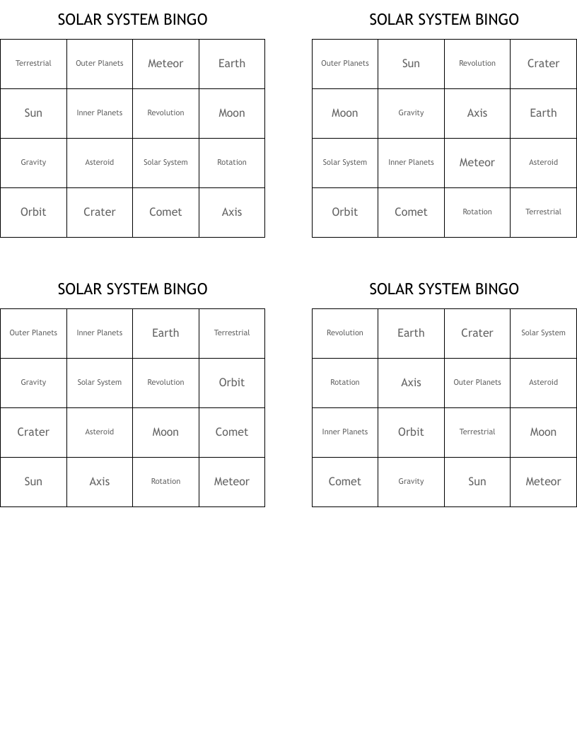 SOLAR SYSTEM BINGO