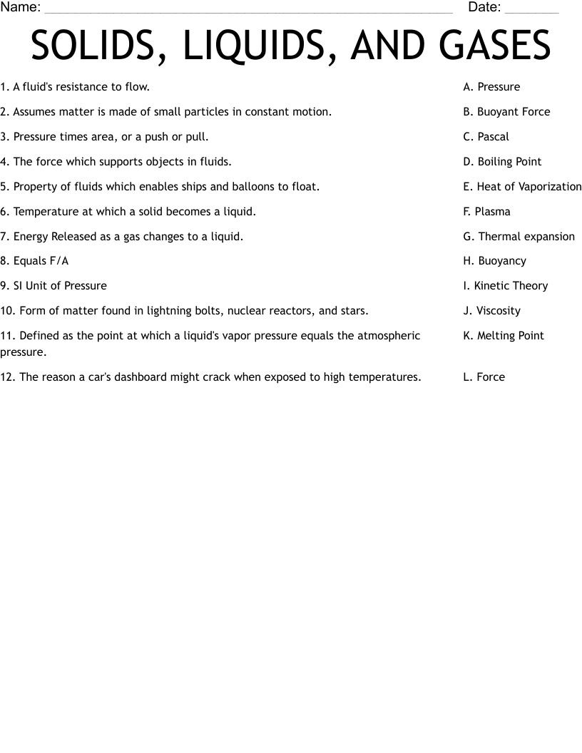 SOLIDS, LIQUIDS, AND GASES Worksheet