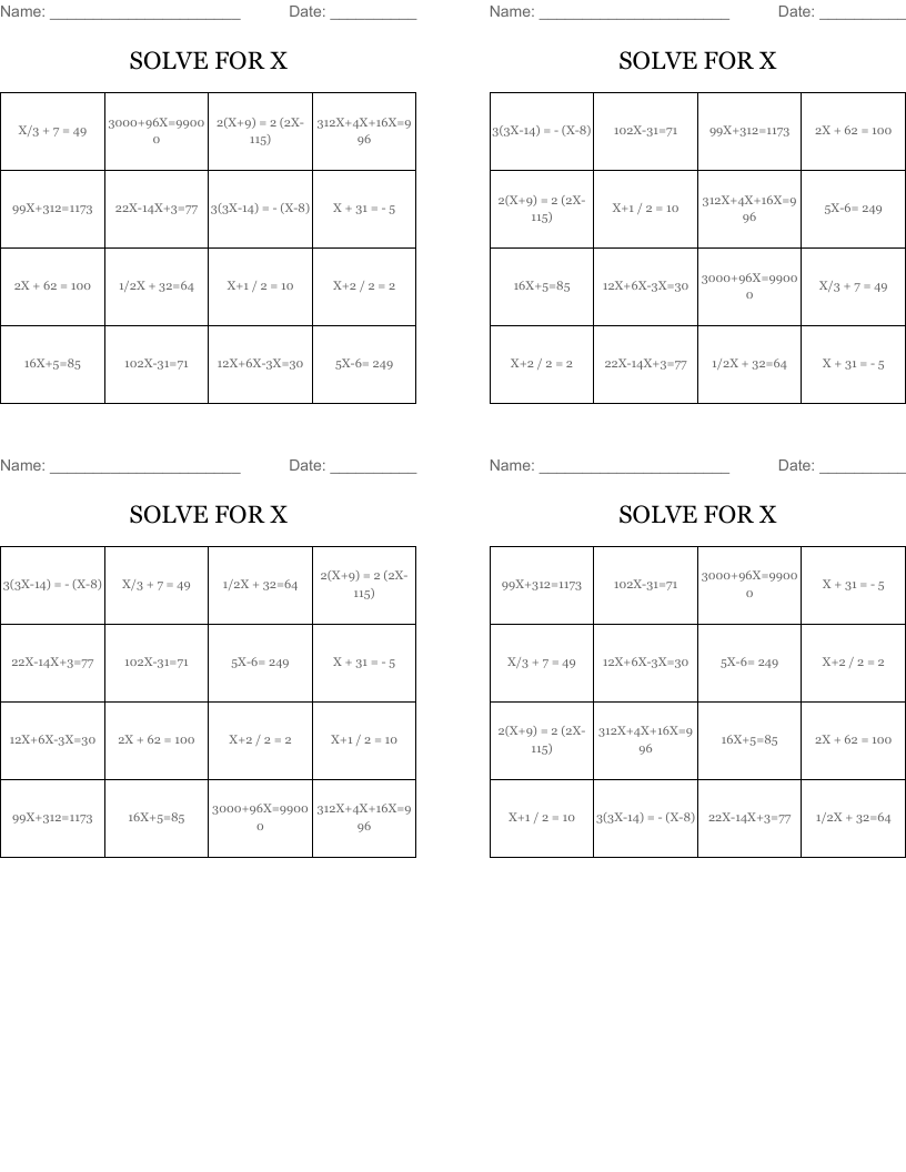 SOLVE FOR X Bingo Cards