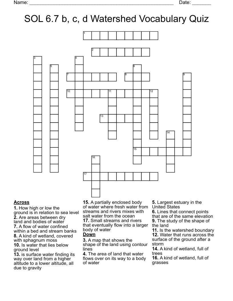 SOL 6.7 b, c, d Watershed Vocabulary Quiz Crossword