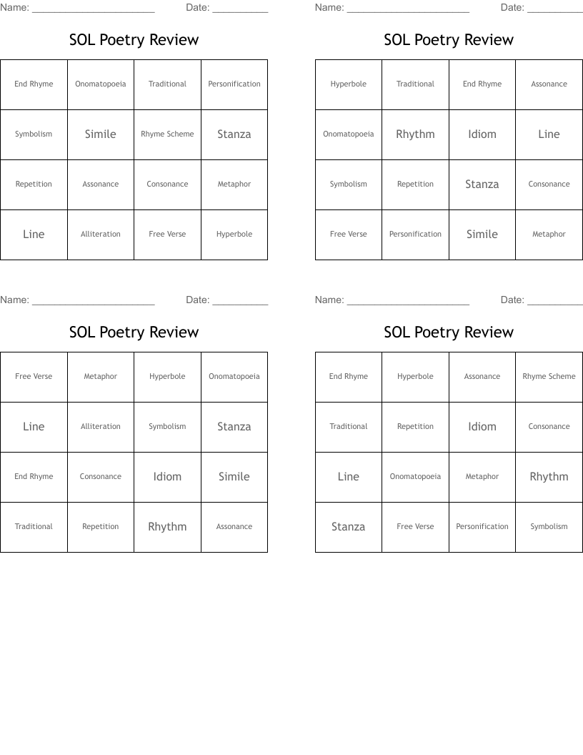 SOL Poetry Review Bingo Cards