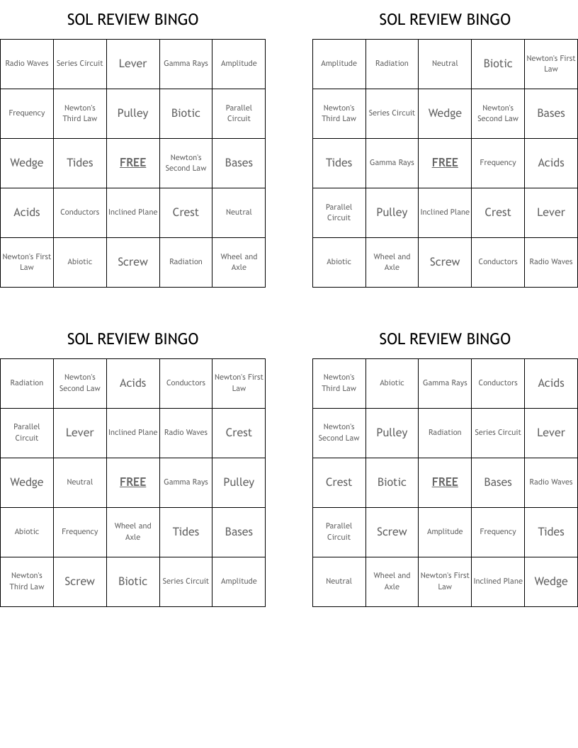 SOL REVIEW BINGO