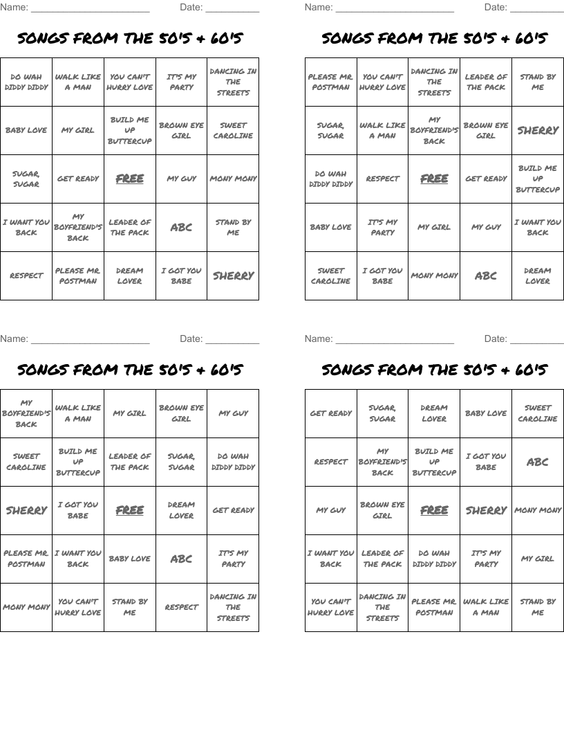 SONGS FROM THE 50'S & 60'S Bingo Cards