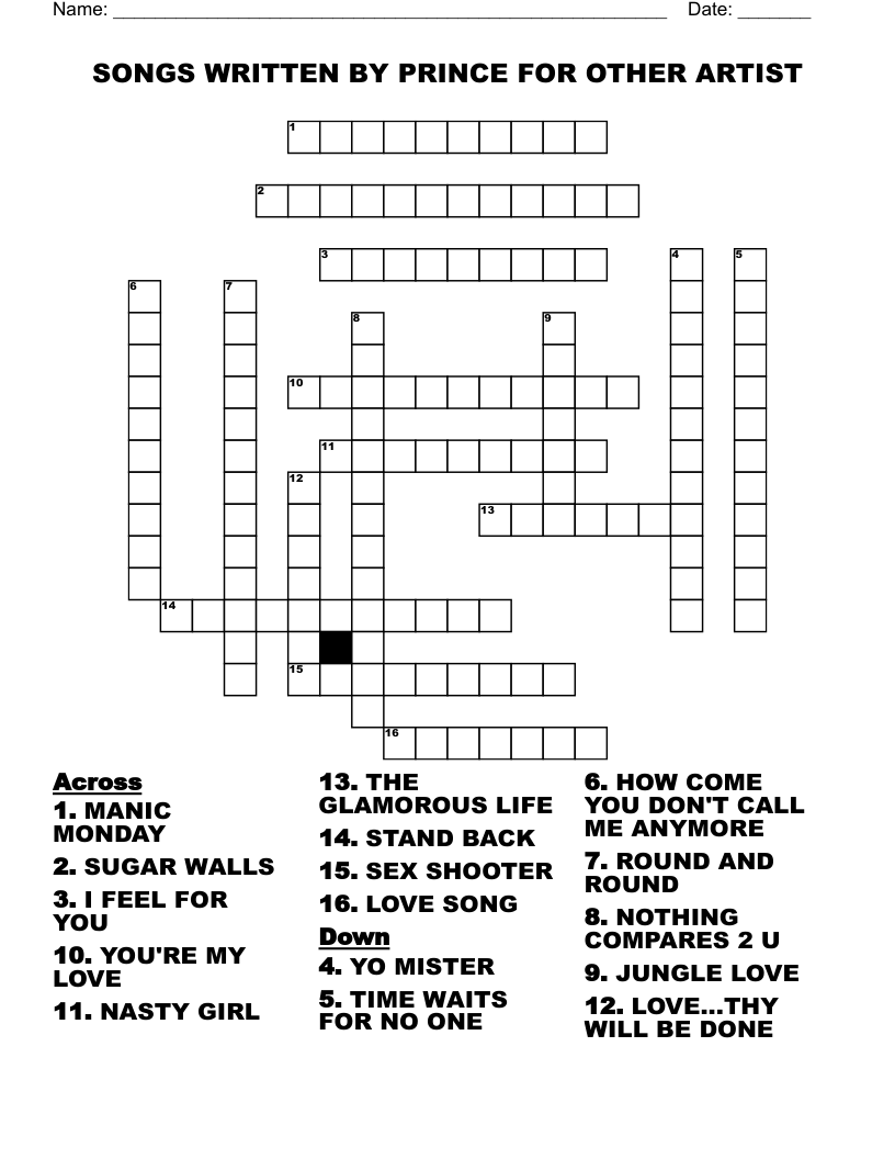 SONGS WRITTEN BY PRINCE FOR OTHER ARTIST Crossword