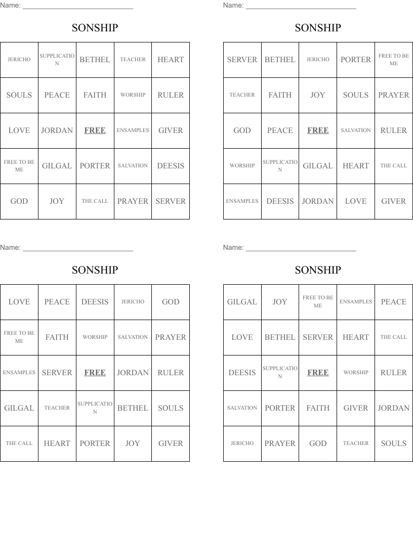SONSHIP Bingo Cards