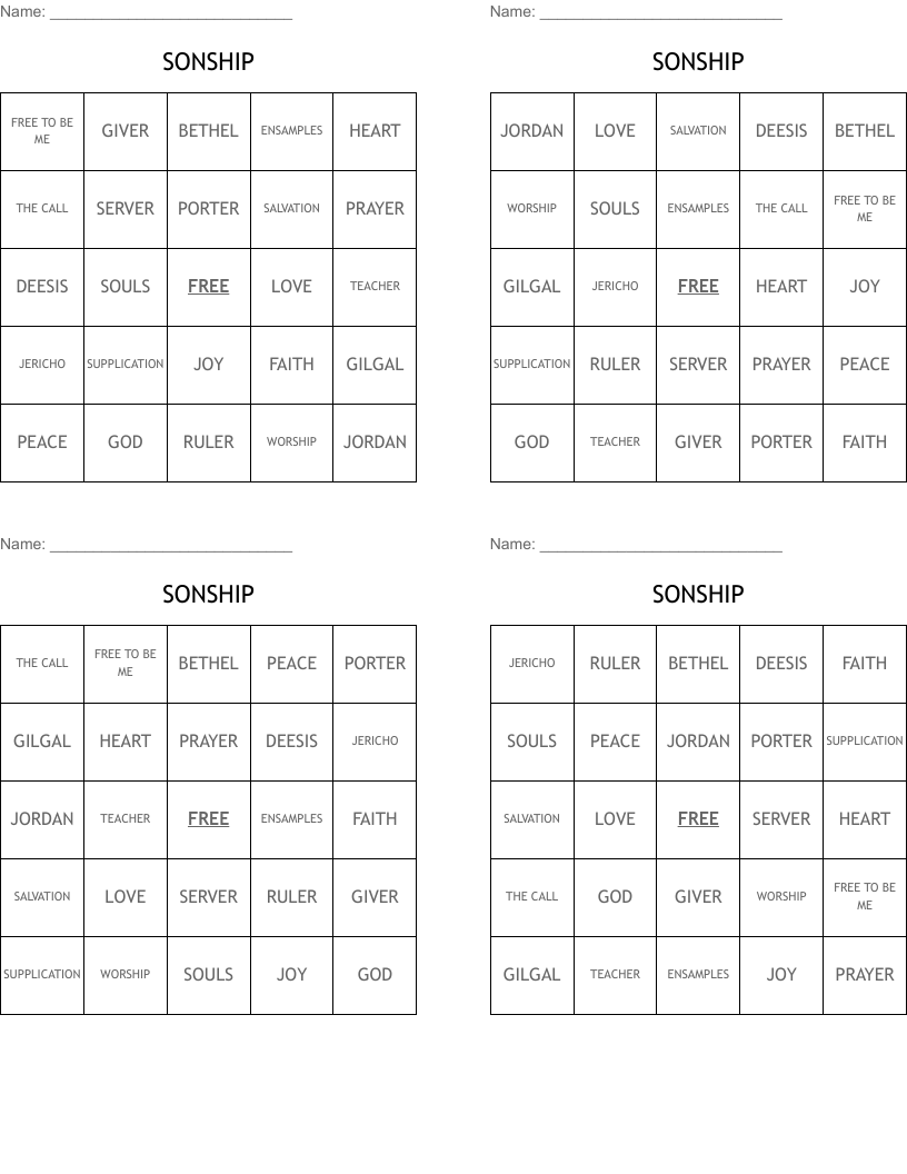 SONSHIP Bingo Cards