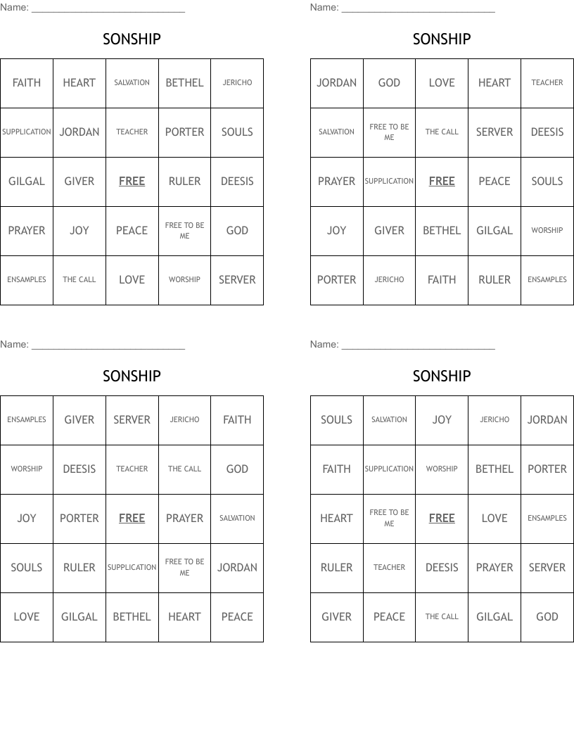 SONSHIP Bingo Cards