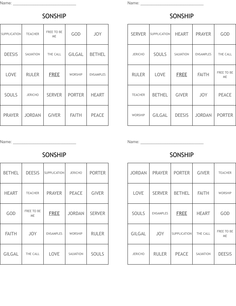 SONSHIP Bingo Cards
