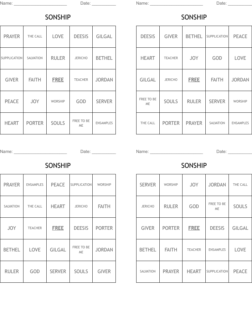 SONSHIP Bingo Cards