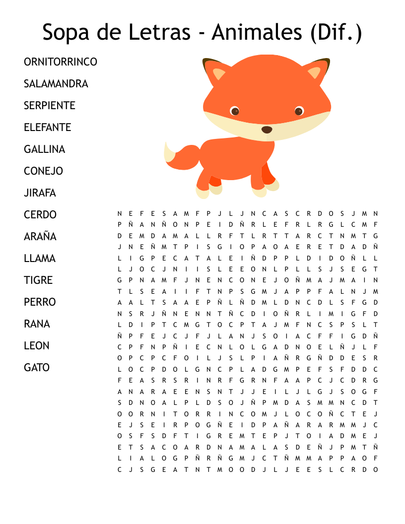 Sopa de Letras - Animales (Dif.) Word Search