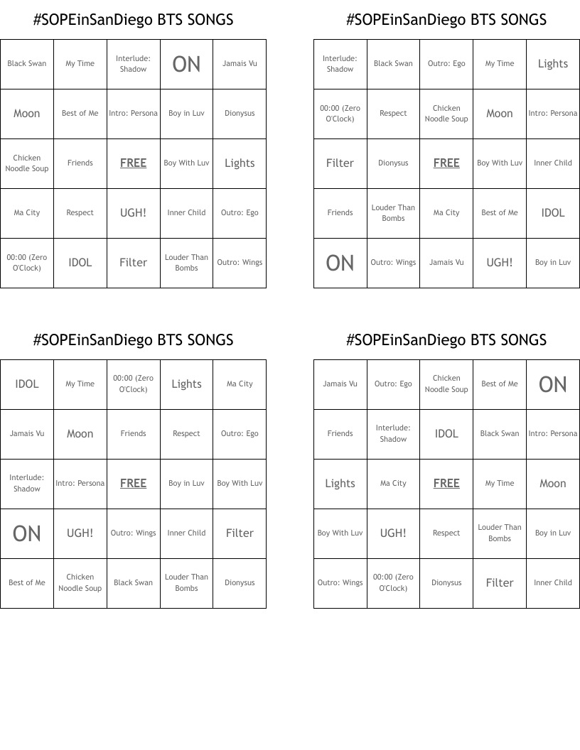 #SOPEinSanDiego BTS SONGS  Bingo Cards