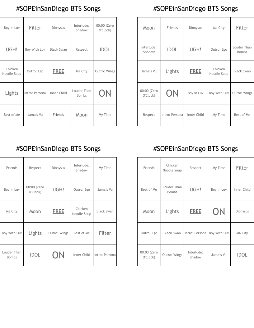 #SOPEinSanDiego BTS Songs  Bingo Cards