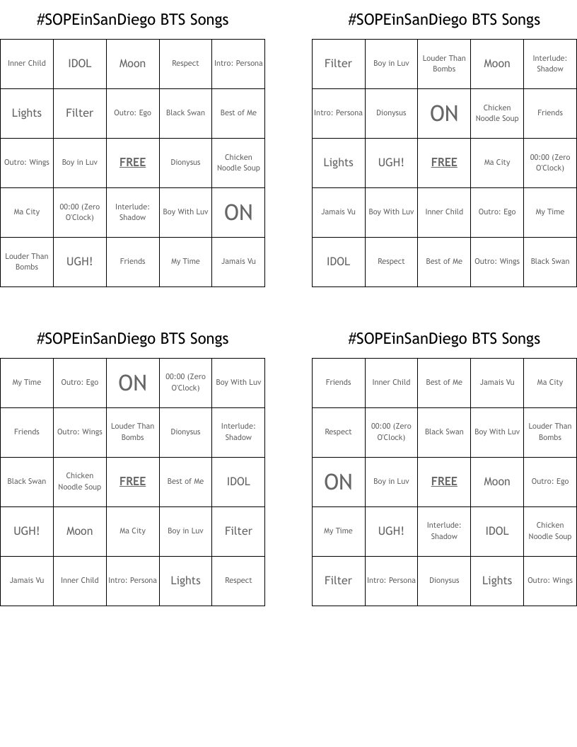 #SOPEinSanDiego BTS Songs  Bingo Cards