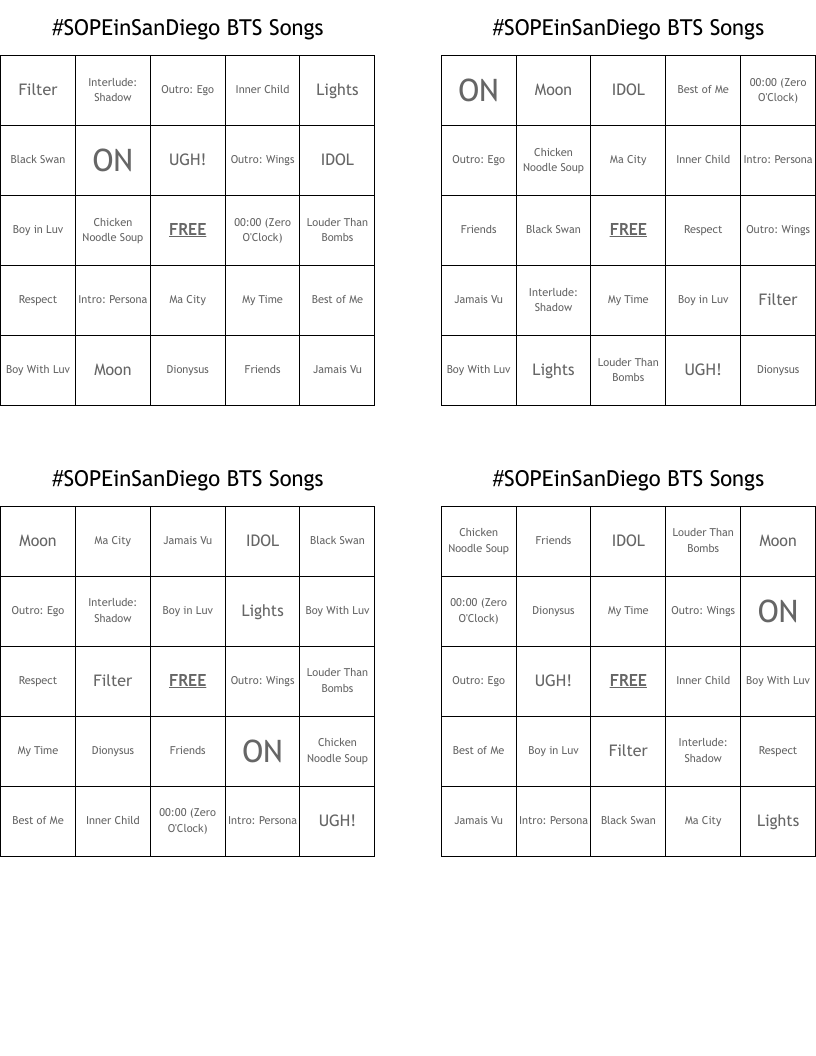 #SOPEinSanDiego BTS Songs  Bingo Cards