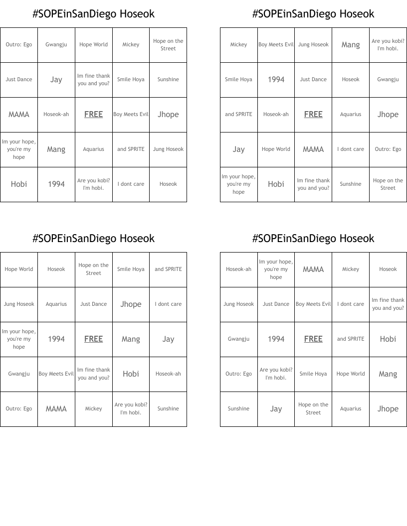 #SOPEinSanDiego Hoseok  Bingo Cards