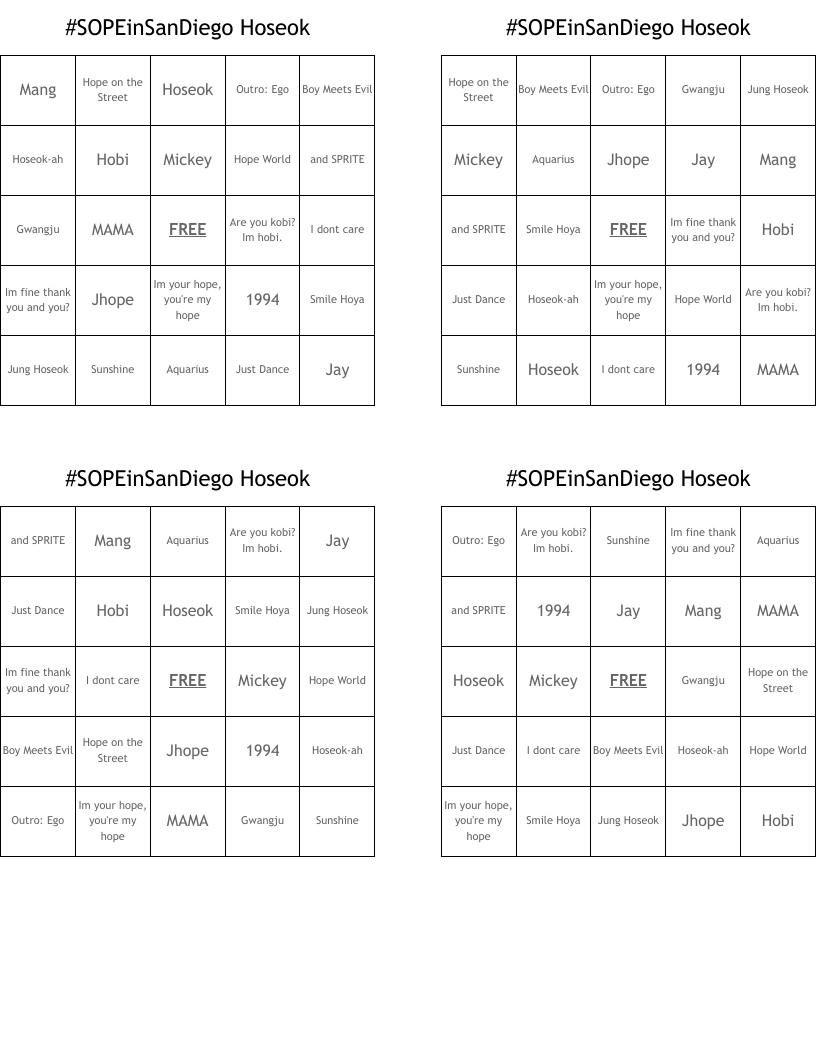 #SOPEinSanDiego Hoseok  Bingo Cards