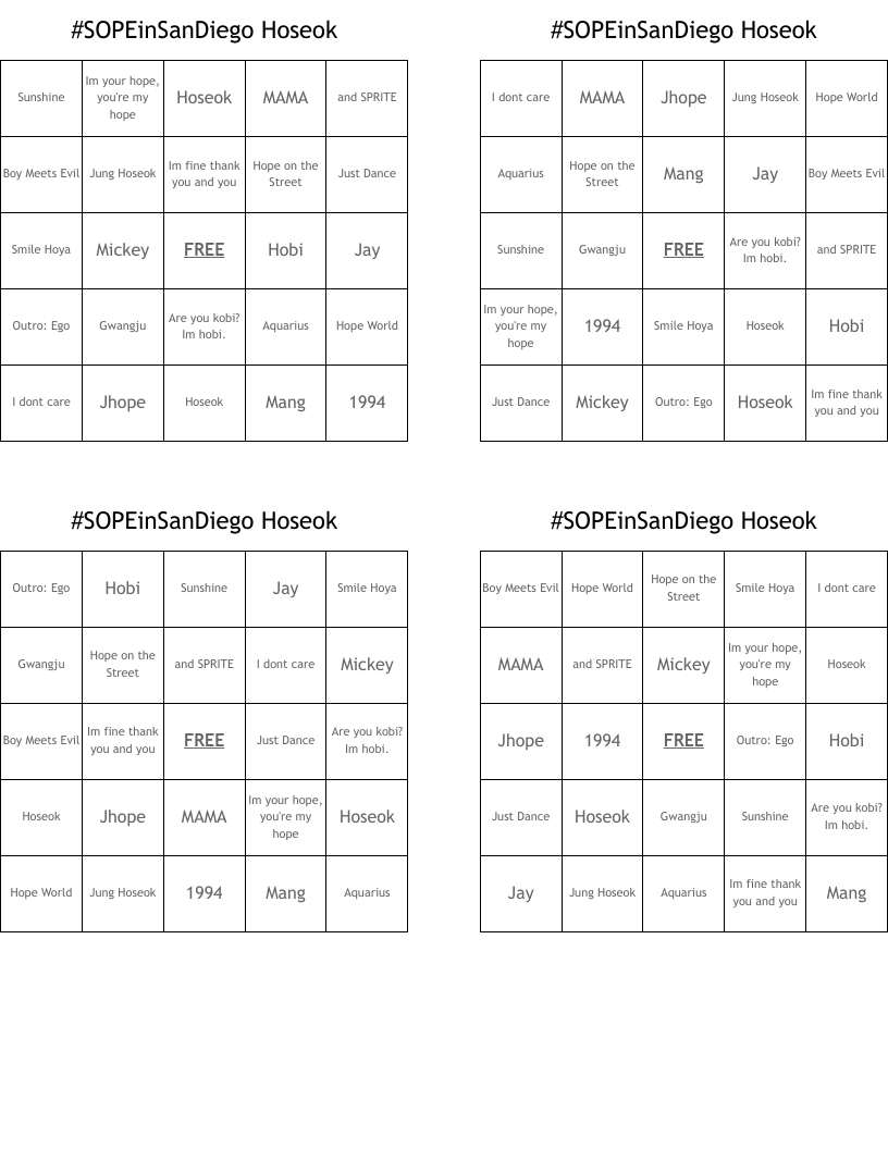 #SOPEinSanDiego Hoseok  Bingo Cards