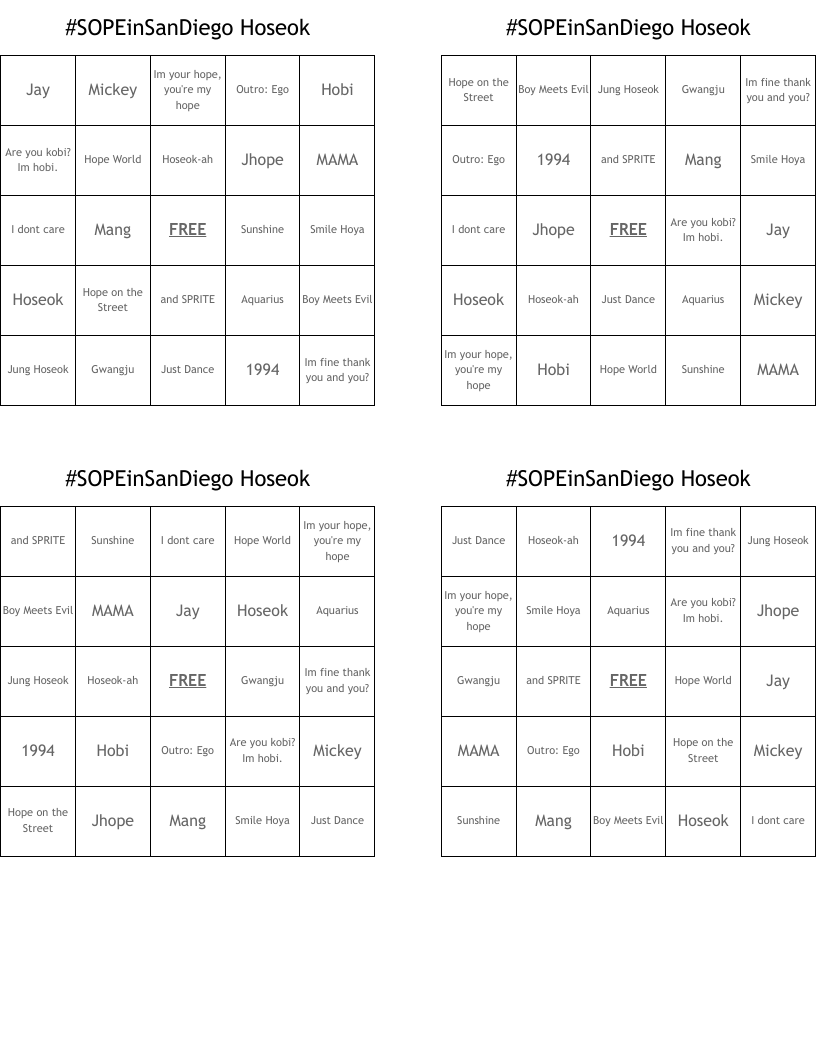 #SOPEinSanDiego Hoseok  Bingo Cards