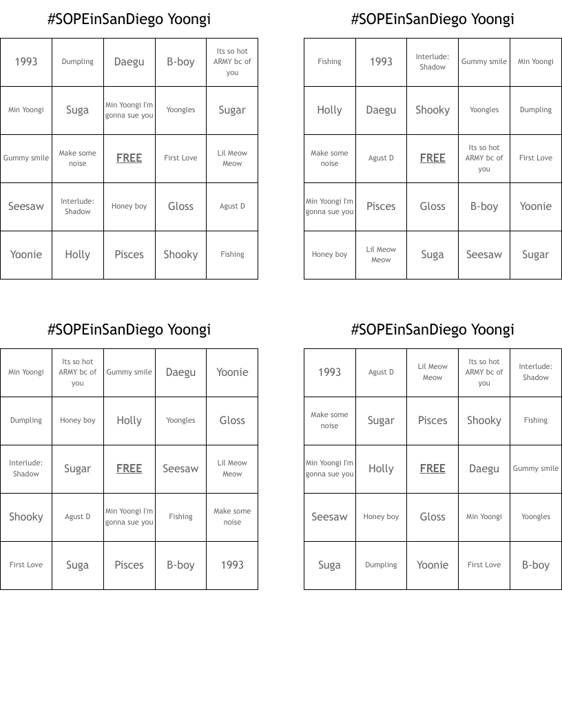 #SOPEinSanDiego Yoongi  Bingo Cards