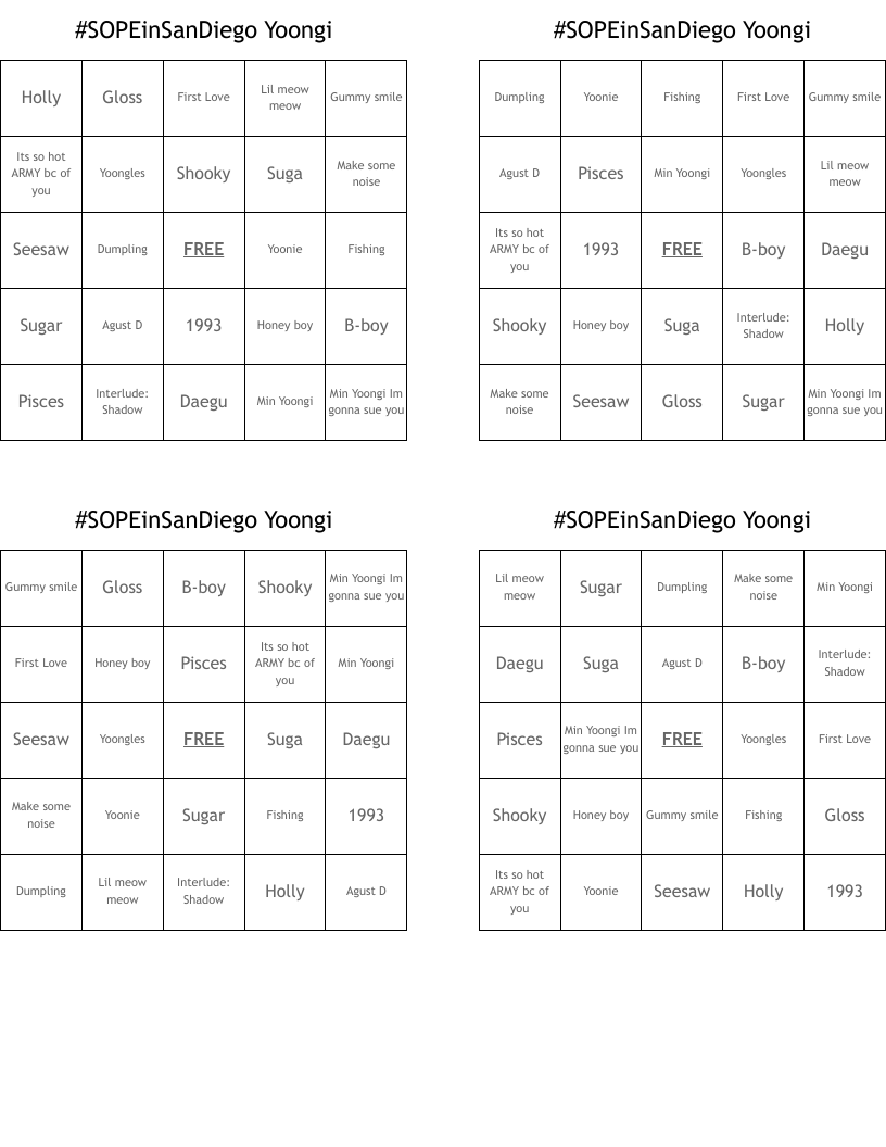 #SOPEinSanDiego Yoongi  Bingo Cards