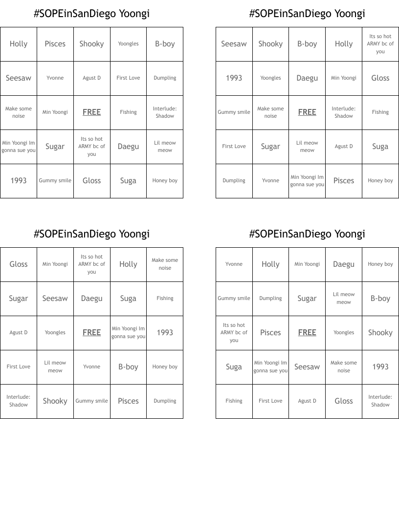 #SOPEinSanDiego Yoongi  Bingo Cards