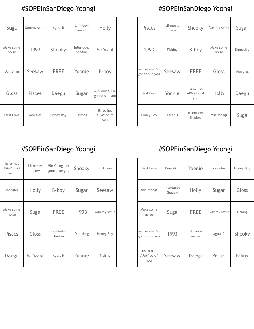 #SOPEinSanDiego Yoongi  Bingo Cards