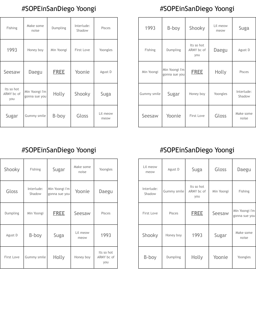 #SOPEinSanDiego Yoongi  Bingo Cards