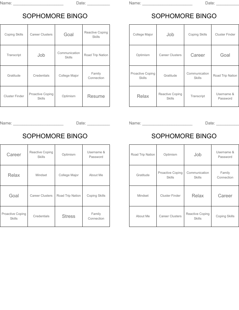 SOPHOMORE  BINGO