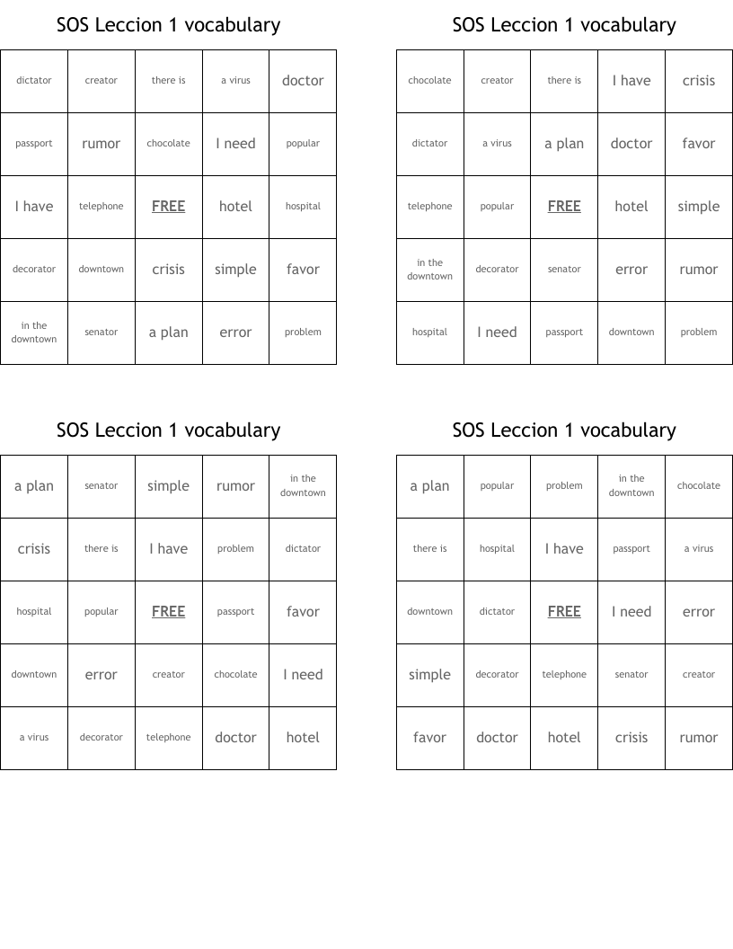 SOS Leccion 1 vocabulary Bingo Cards