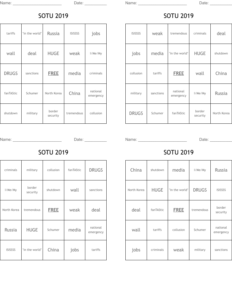 SOTU 2019 Bingo Cards