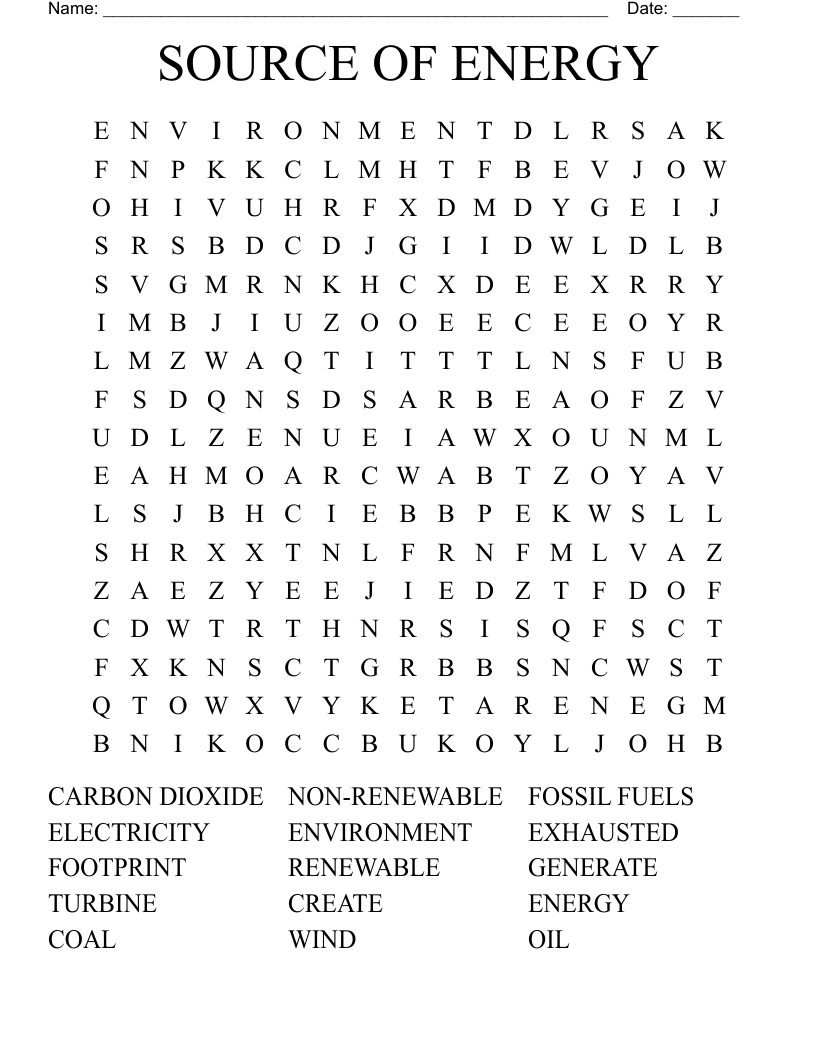 SOURCE OF ENERGY Word Search