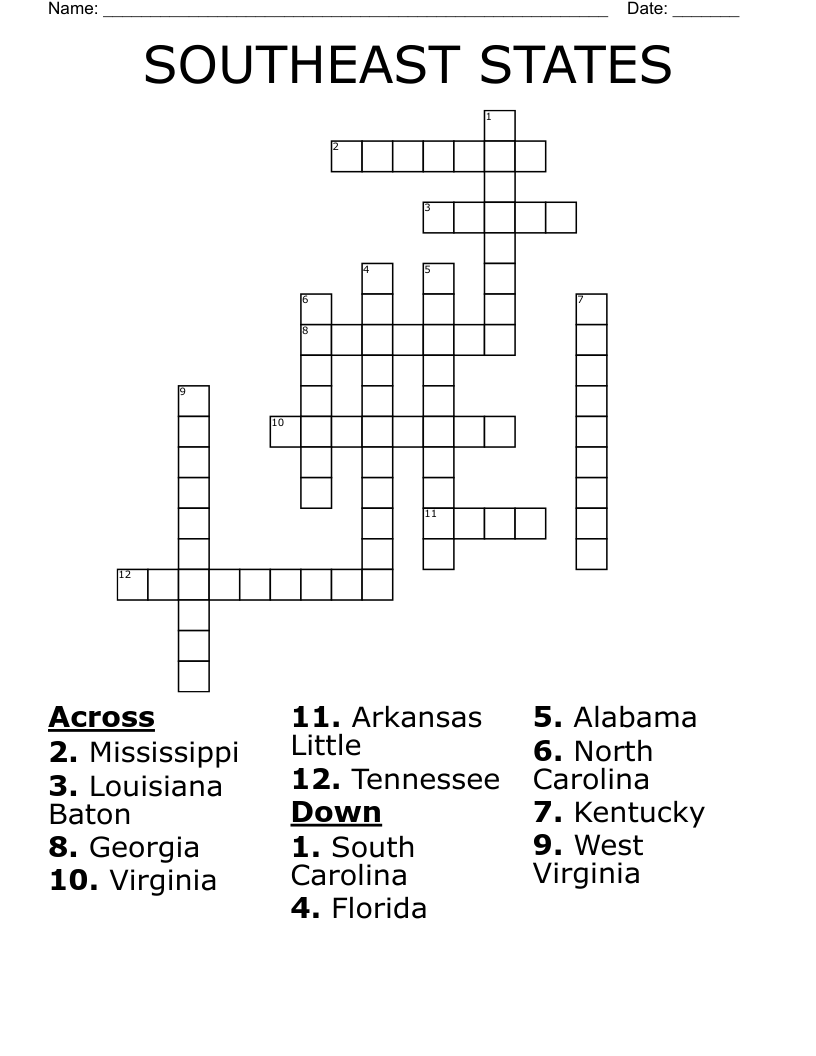 SOUTHEAST STATES Crossword