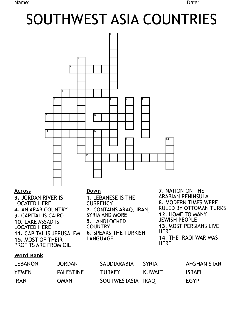 SOUTHWEST ASIA COUNTRIES Crossword