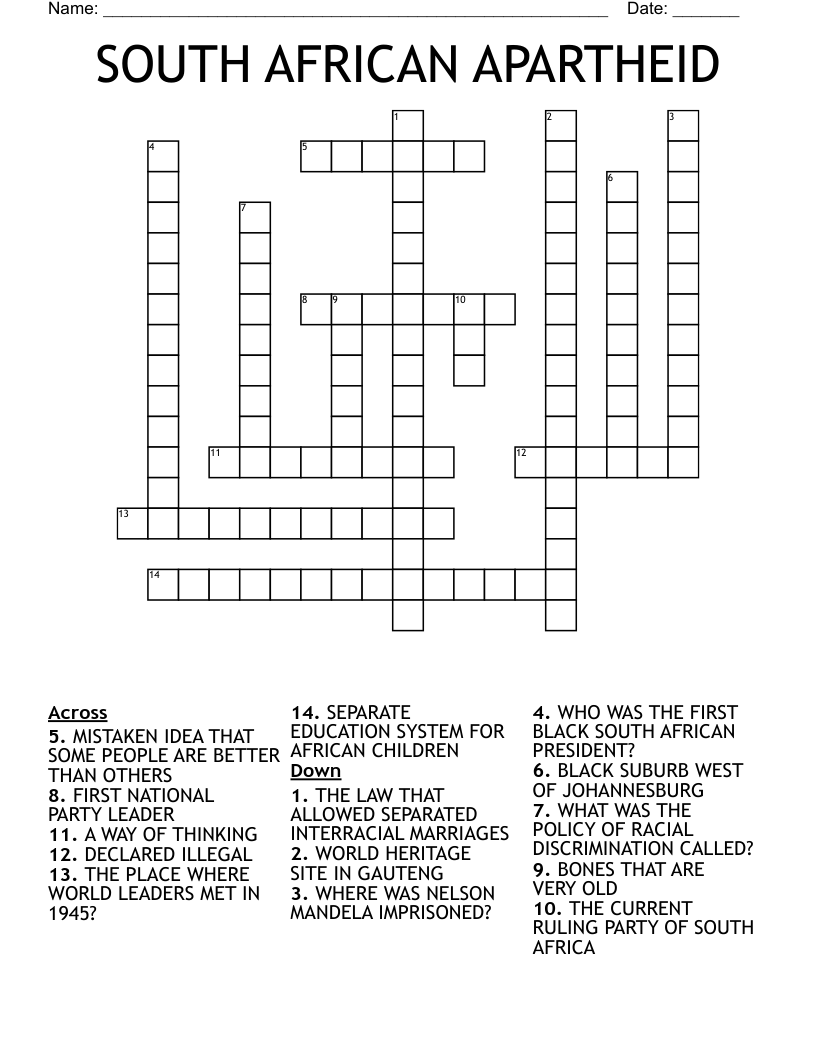 SOUTH AFRICAN APARTHEID Crossword