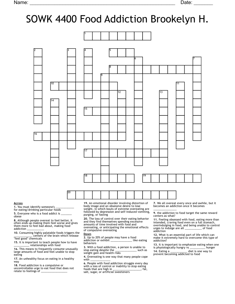 SOWK 4400 Food Addiction Brookelyn H.  Crossword