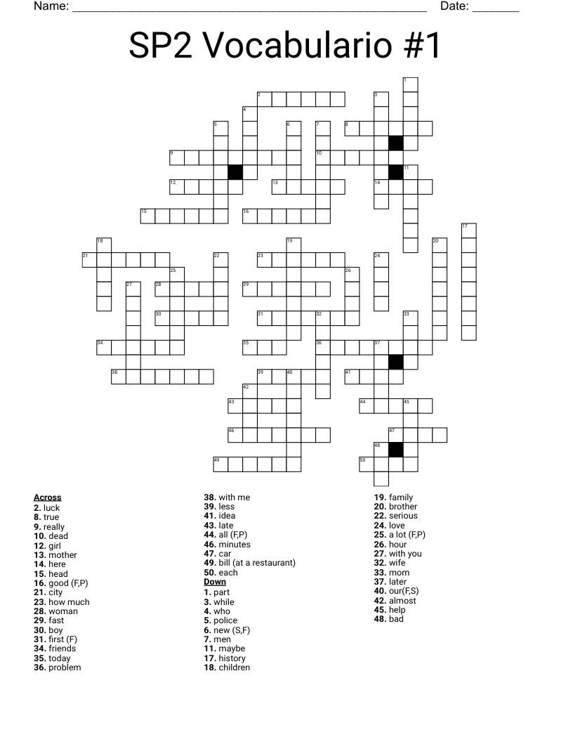 SP2 Vocabulario #1 Crossword
