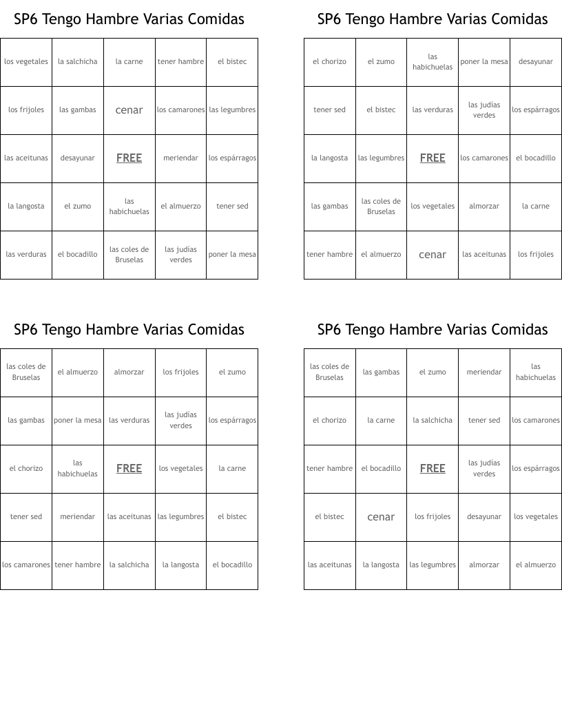 SP6 Tengo Hambre Varias Comidas Bingo Cards
