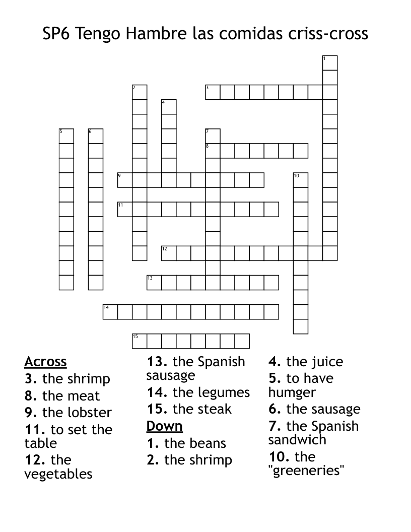 SP6 Tengo Hambre las comidas criss-cross Crossword