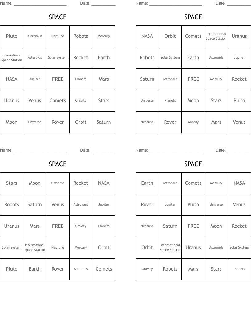 SPACE Bingo Cards