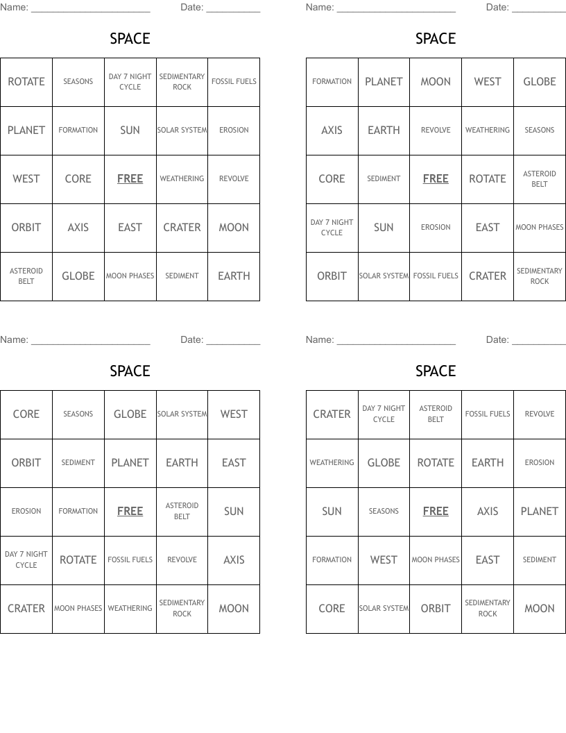 SPACE Bingo Cards