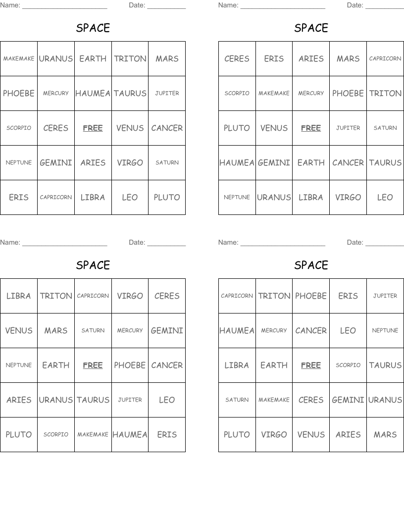 SPACE Bingo Cards