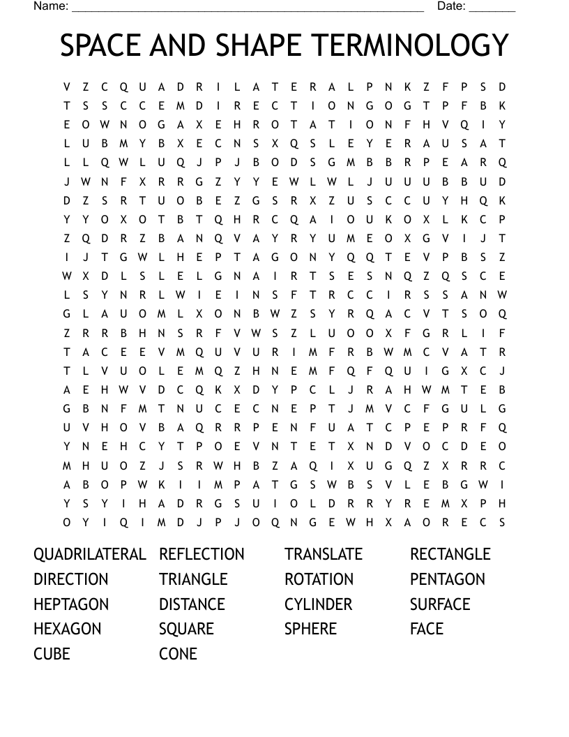 SPACE AND SHAPE TERMINOLOGY Word Search