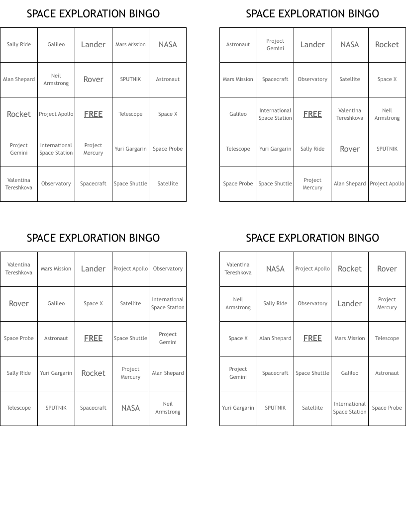 SPACE EXPLORATION BINGO