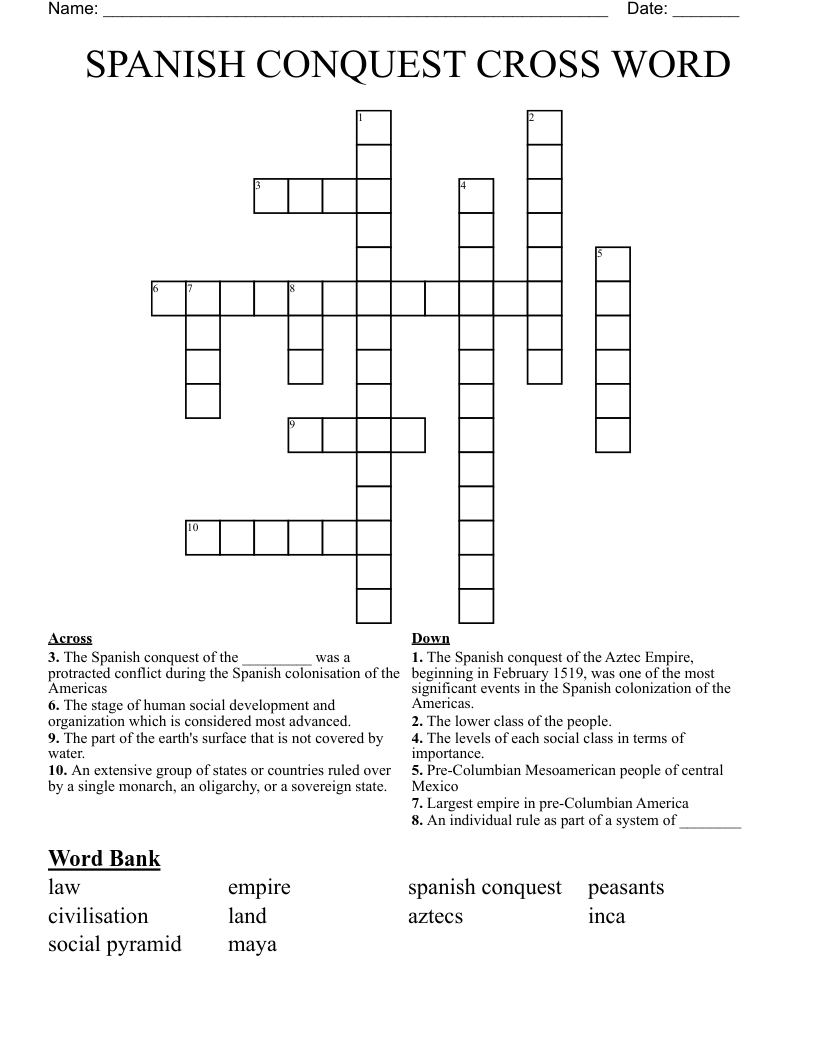 SPANISH CONQUEST CROSS WORD