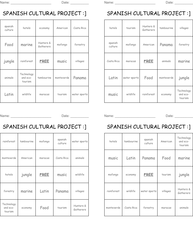 SPANISH CULTURAL PROJECT :] Bingo Cards