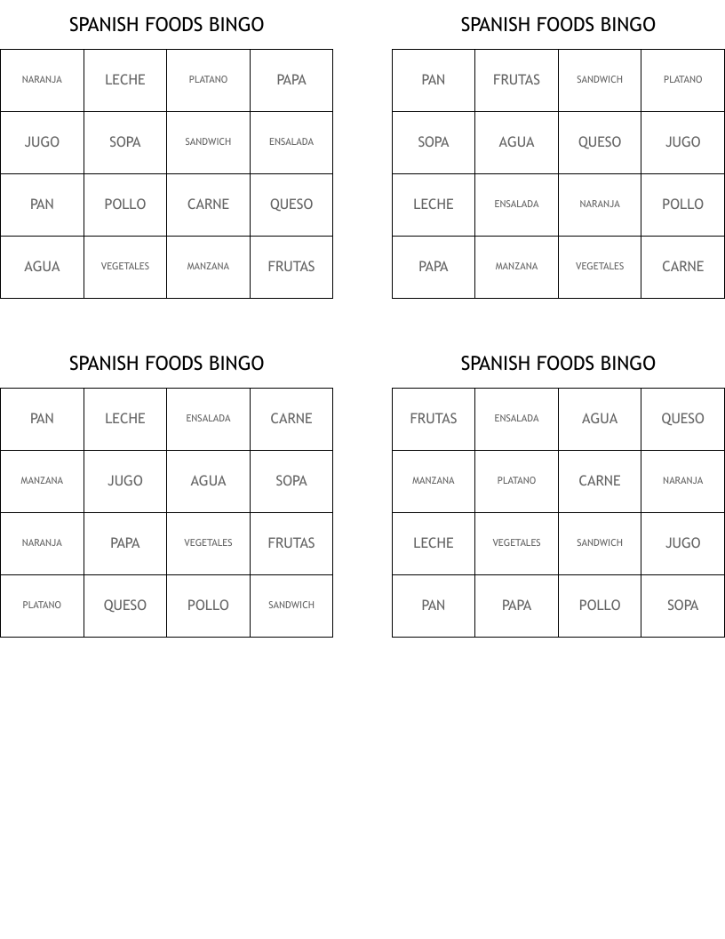 SPANISH FOODS BINGO